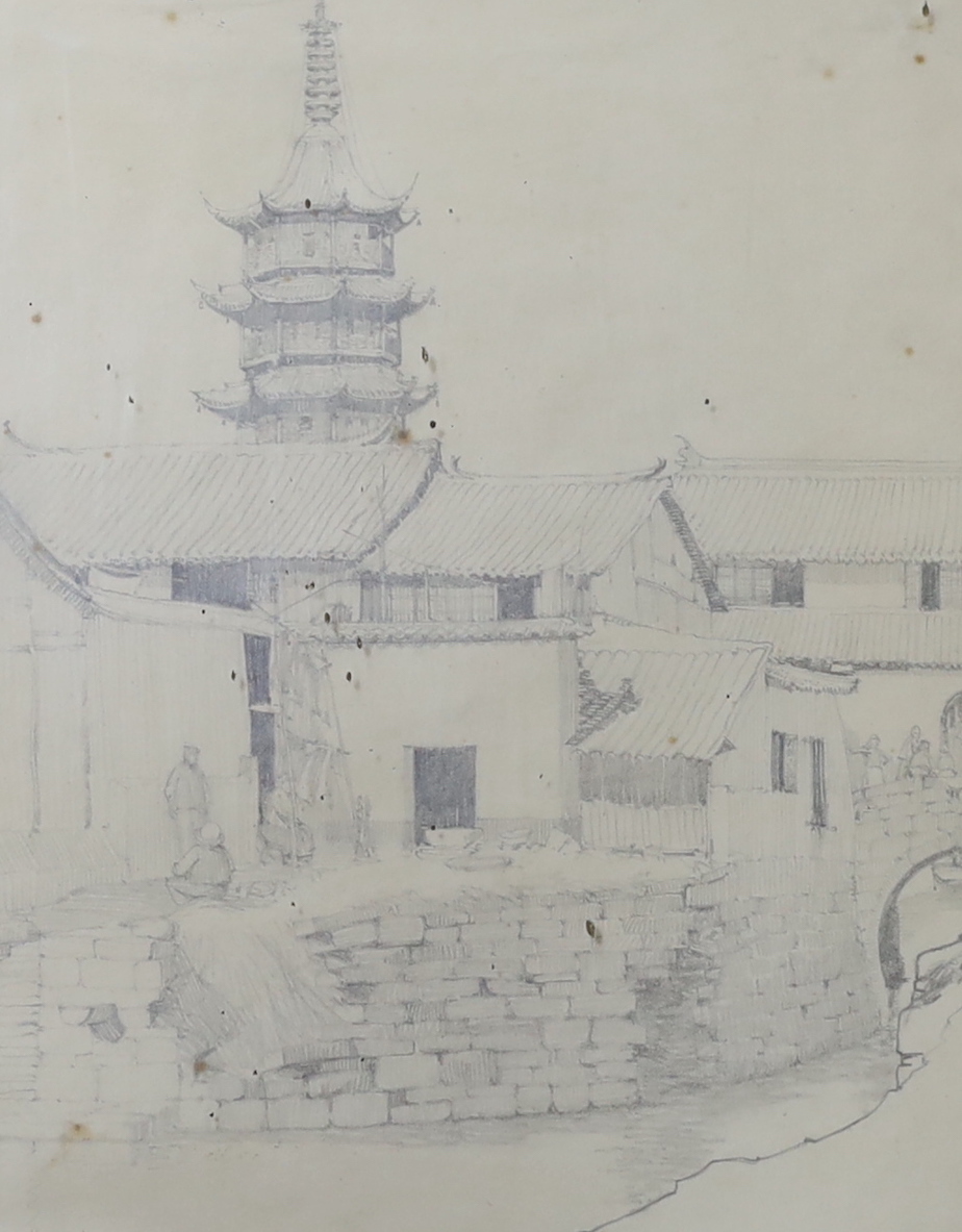 Manner of George Chinnery (1774- 1852), pencil, Chinese flat water with pagoda beyond, 31 x 25cm